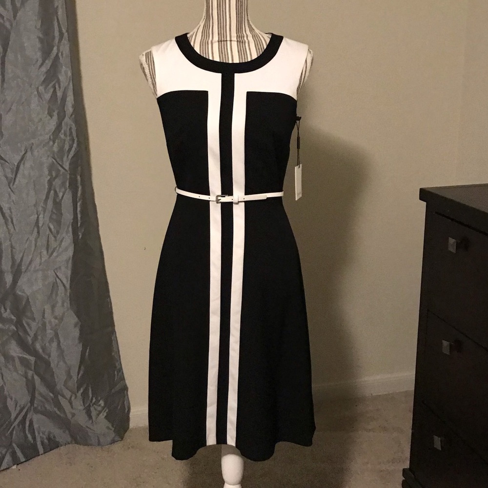 Calvin Klein B&W Belted Colorblock Dress Sz 2